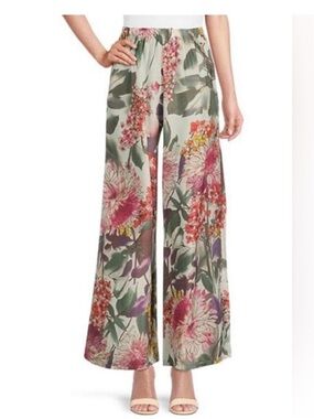NWT bryn Walker Wide-Leg 100% Silk Floral Trousers Sz XXL